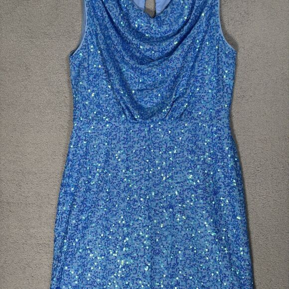 Donna Morgan Women’s Dress Size 10 Blue‎ Sequin Dress Cowl Neck Sleeveless Party - Picture 3 of 14